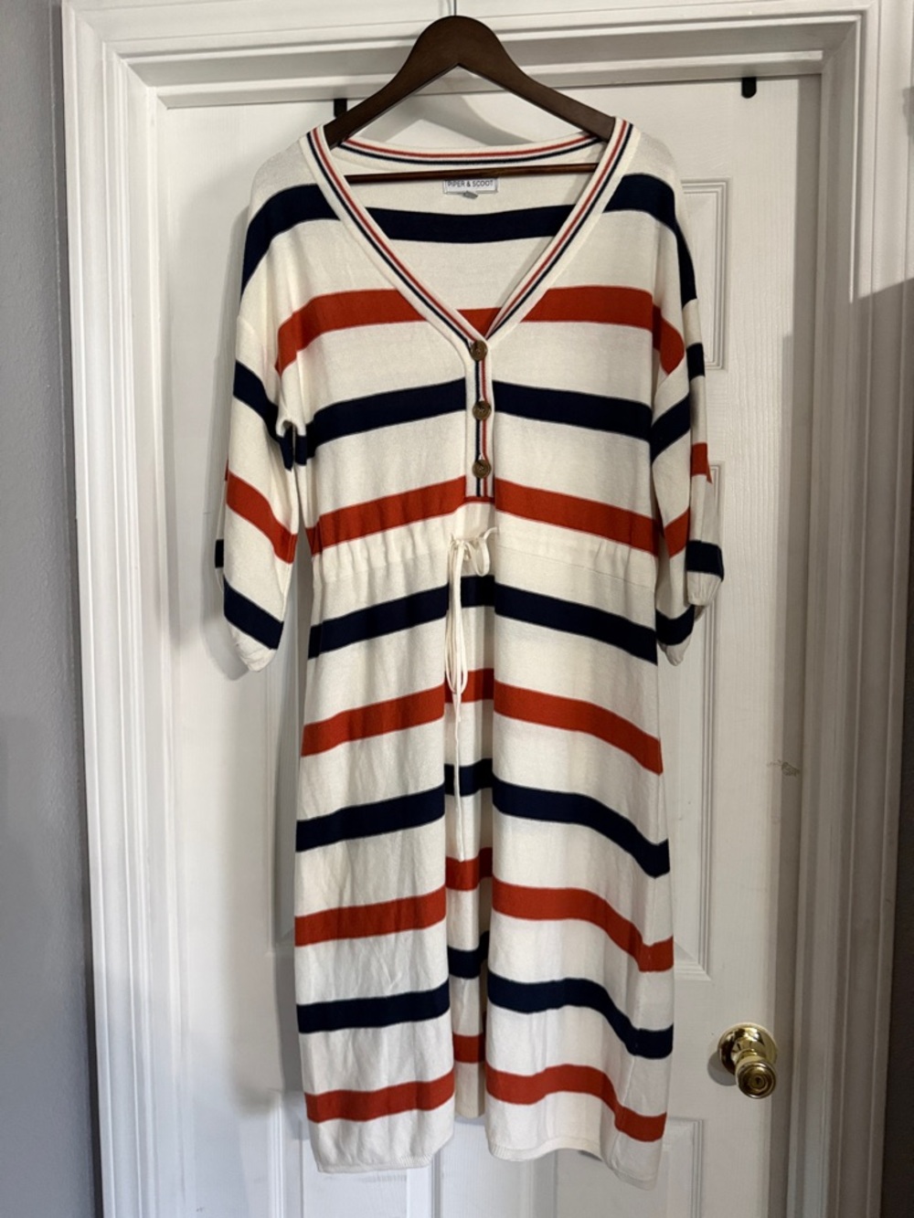 Striped Midi Dress with Navy & Rust Accents